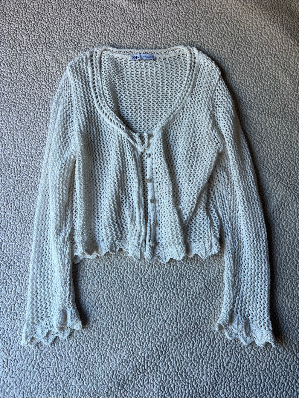 Zara Romantic Dainty Beachy Knit Cardigan Cream Off-White Pointelle Cropped XL - Picture 2 of 5